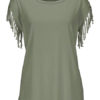 Women Summer T Shirt Round Neck Fringe Apricot Casual Top - Image 2