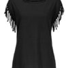 Women Summer T Shirt Round Neck Fringe Apricot Casual Top - Image 3