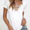 Women T Shirt Lace Up Short Sleeve V Neck Summer Casual Top