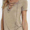 Women T Shirt Lace Up Short Sleeve V Neck Summer Casual Top - Image 4