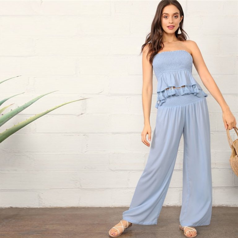 Women Tassel Hem Smocked Tube Top And Palazzo Pants