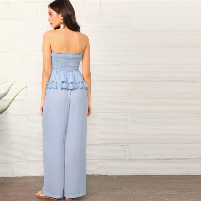 Women Tassel Hem Smocked Tube Top And Palazzo Pants - Image 2