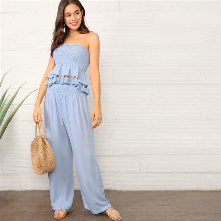 Women Tassel Hem Smocked Tube Top And Palazzo Pants - Image 5