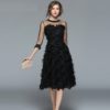 Women Tassel Mesh Patchwork feather Dress Sexy  Party Club Dress