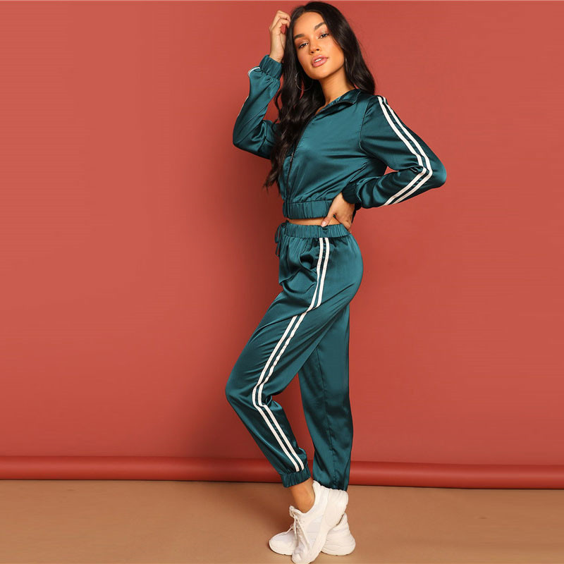 Women Zip Up Striped Tape Jacket And Drawstring Pants Satin Tracksuit - Image 5