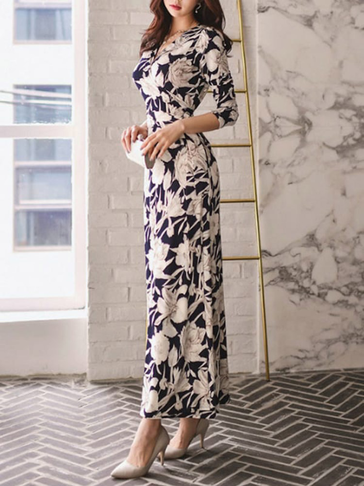 Women's Maxi Long Dress V Neck Floral Print Split Dress