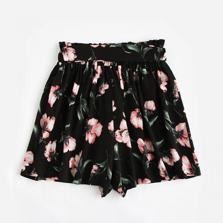 Womens Shorts Multicolor Elastic Mid Waist Lace Up Floral Loose Shorts - Image 6