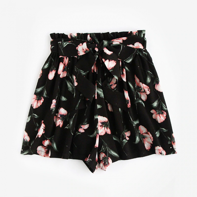 Womens Shorts Multicolor Elastic Mid Waist Lace Up Floral Loose Shorts - Image 5