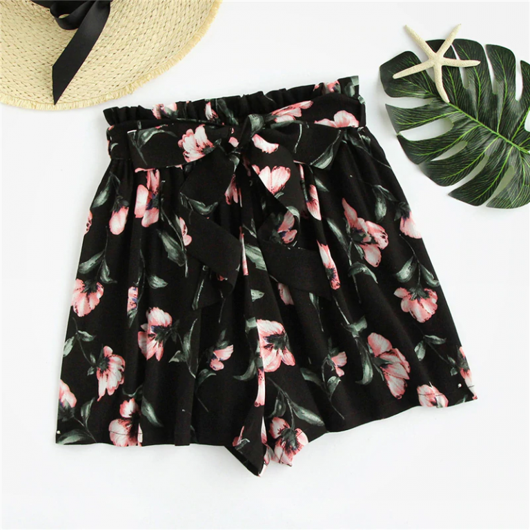 Womens Shorts Multicolor Elastic Mid Waist Lace Up Floral Loose Shorts