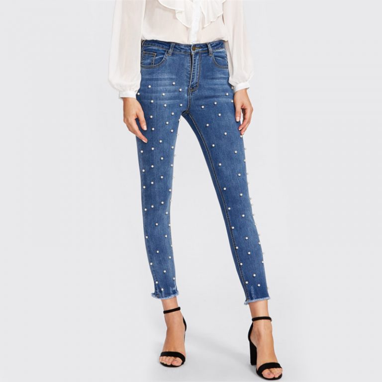 Women Skinny Jeans Denim High Waist Bleached Zipper Pants