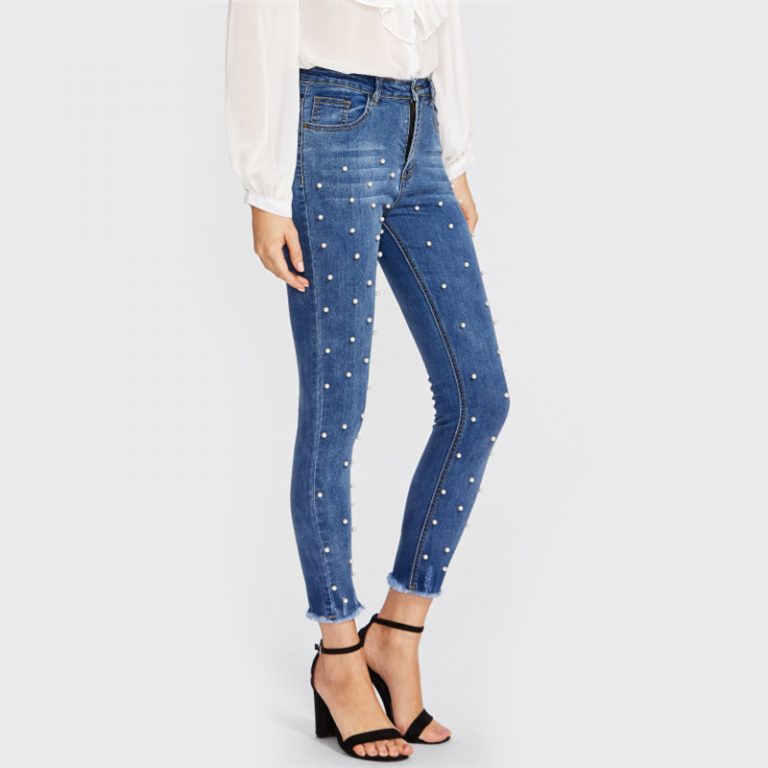 Women Skinny Jeans Denim High Waist Bleached Zipper Pants - Image 2