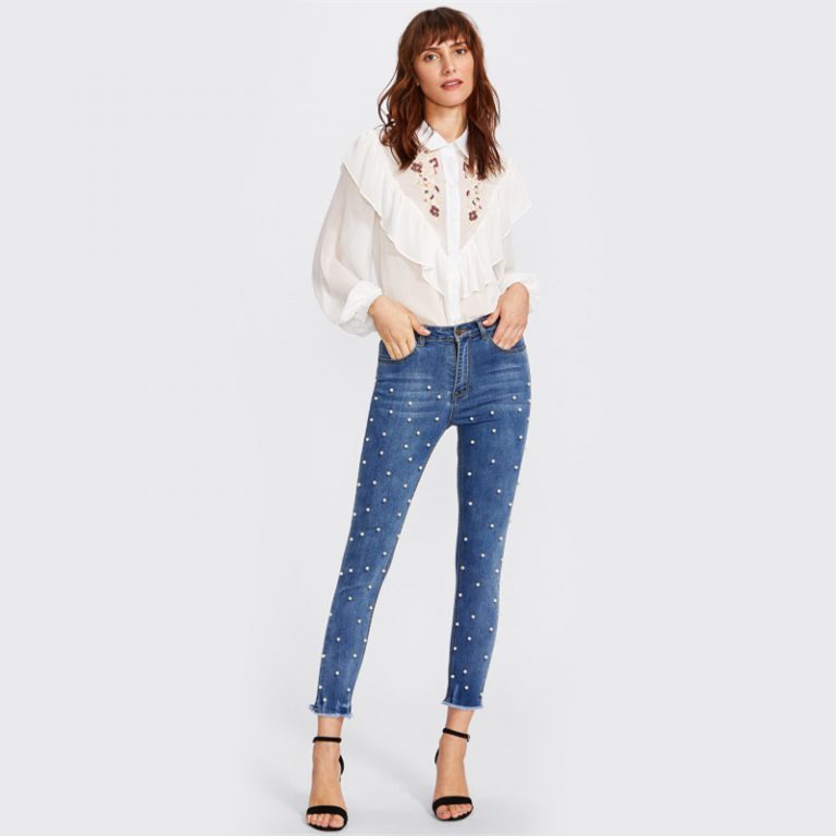 Women Skinny Jeans Denim High Waist Bleached Zipper Pants - Image 4