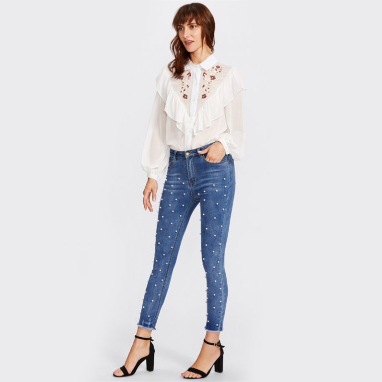 Women Skinny Jeans Denim High Waist Bleached Zipper Pants - Image 5