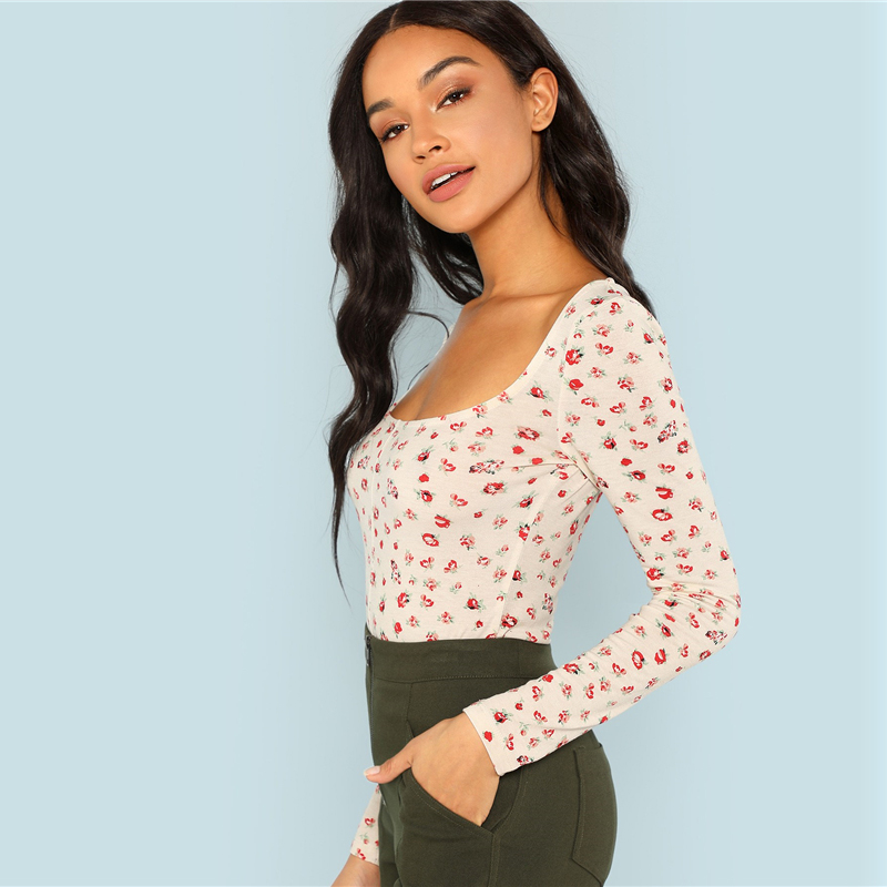 Apricot Floral Print Square Neck Tee Elegant Long Sleeve Slim Fit Tops