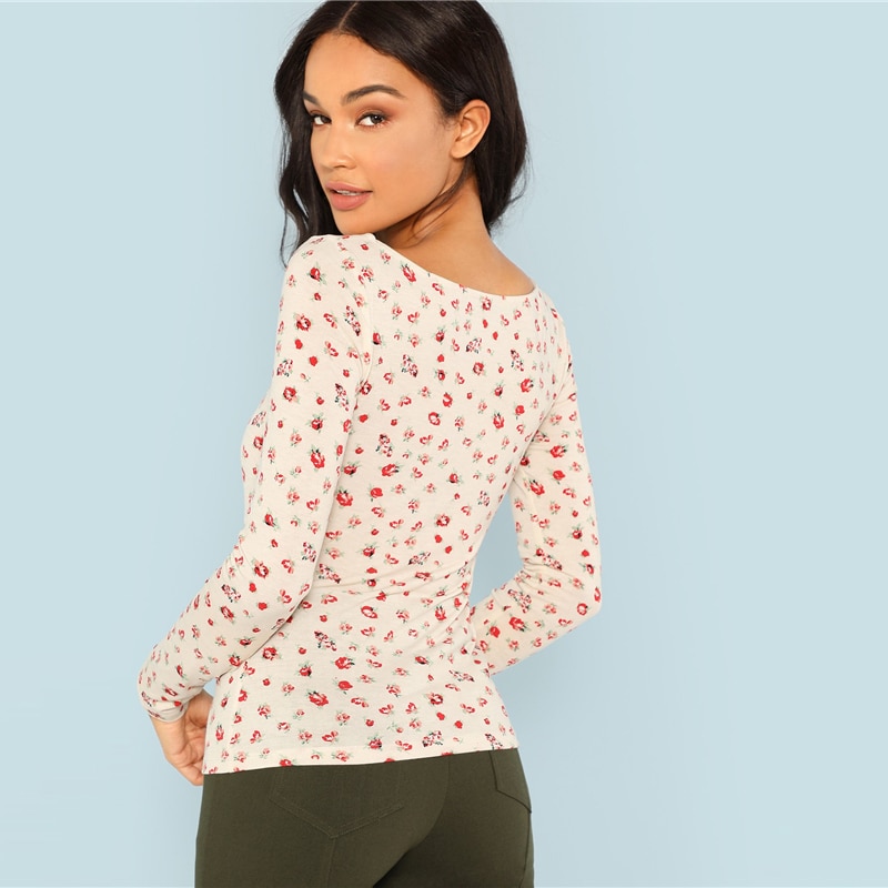 Apricot Floral Print Square Neck Tee Elegant Long Sleeve Slim Fit Tops - Image 2