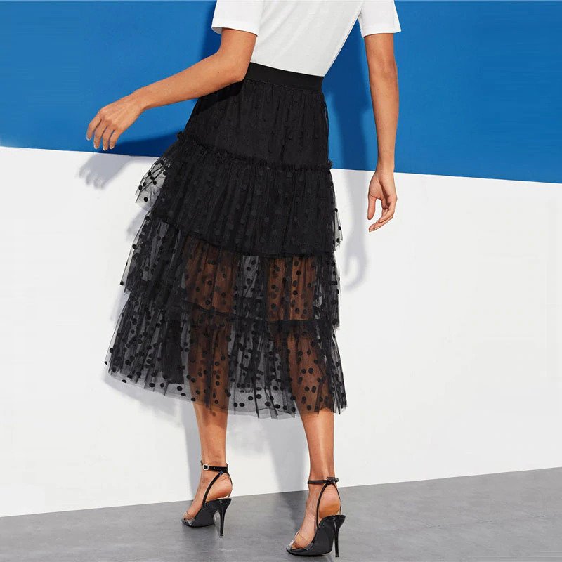 Black Casual Tiered Dot Mesh Overlay Frill Detail Midi Skirt - Image 2