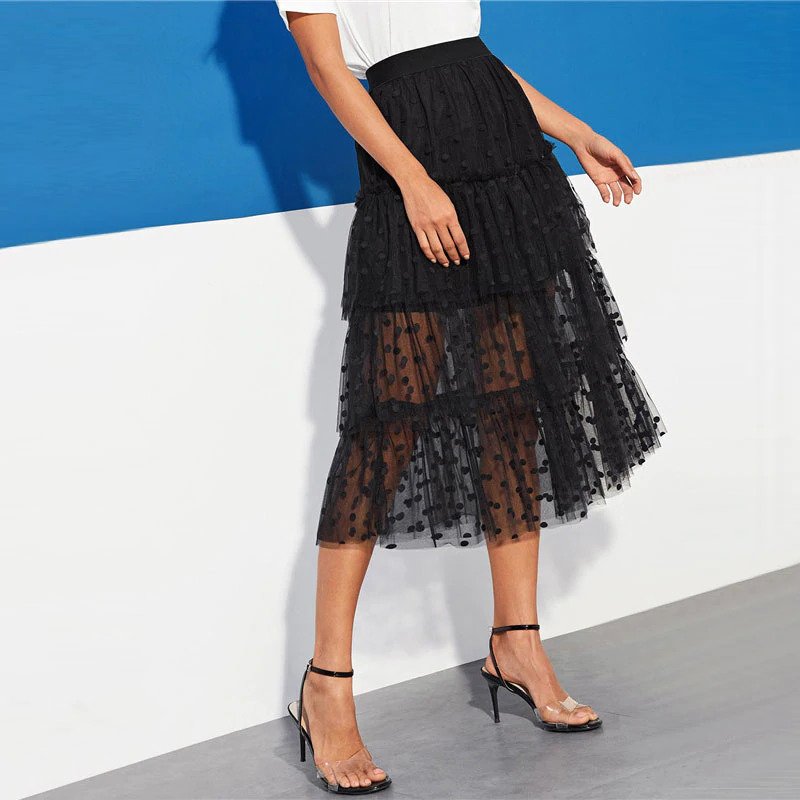 Black Casual Tiered Dot Mesh Overlay Frill Detail Midi Skirt - Image 3