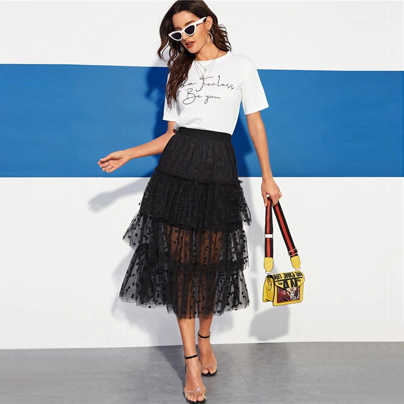 Black Casual Tiered Dot Mesh Overlay Frill Detail Midi Skirt - Image 4
