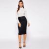 Black Elastic Waist Rib-Knit Solid Bodycon Pencil Skirt - Image 5