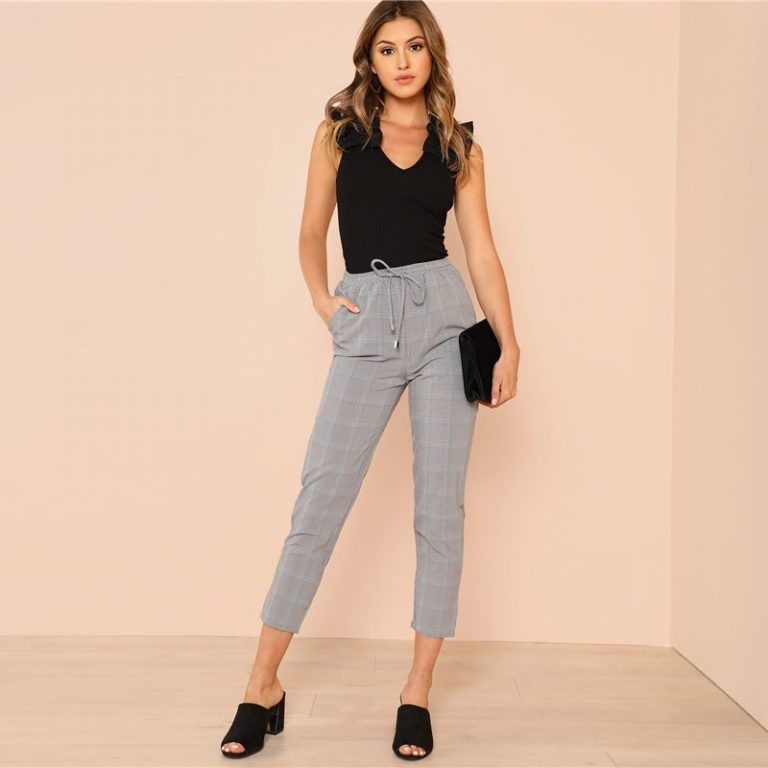Black Elegant Sexy Ruffle Trim Sleeveless Rib Knit V Neck T-shirt - Image 5