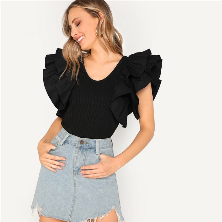 Black Layered Ruffle Sleeve Rib-knit Fitted T-Shirt