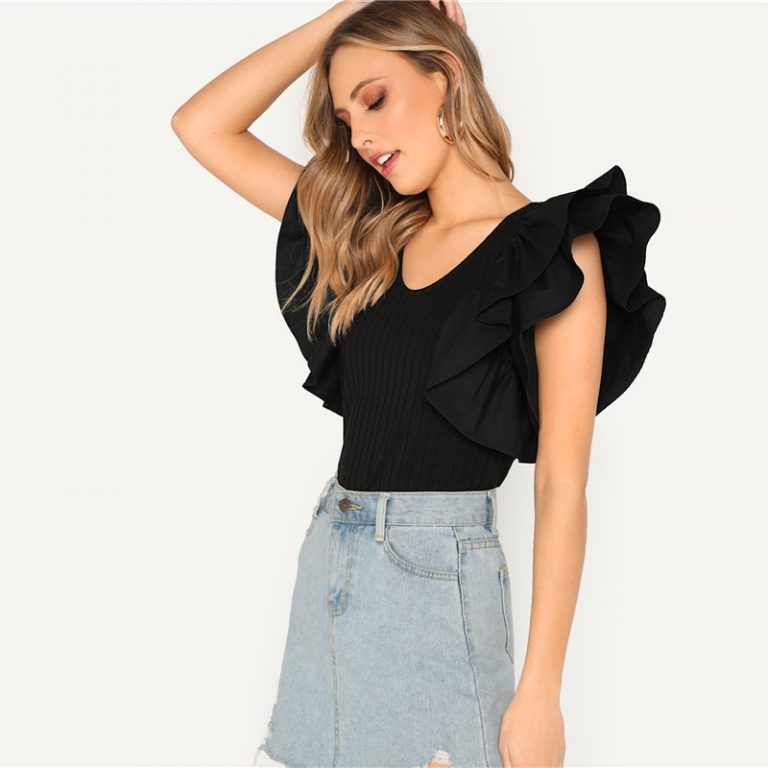 Black Layered Ruffle Sleeve Rib-knit Fitted T-Shirt - Image 2