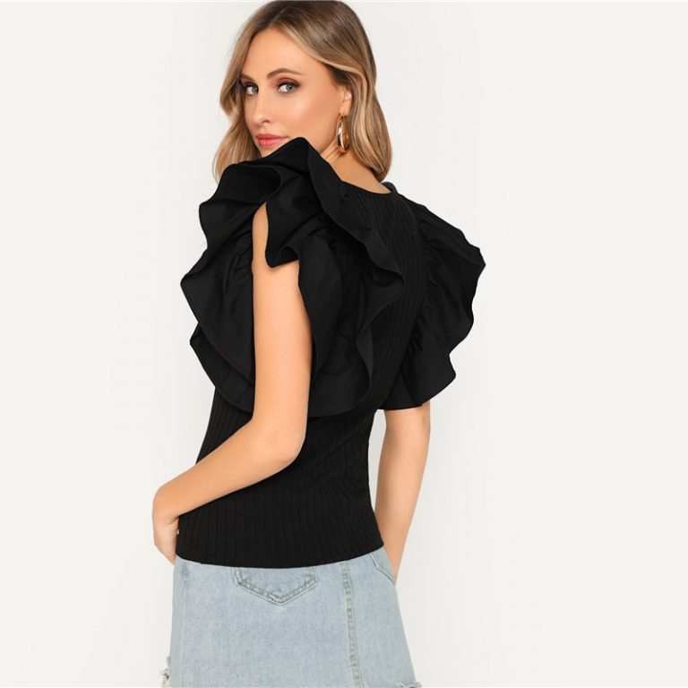 Black Layered Ruffle Sleeve Rib-knit Fitted T-Shirt - Image 3