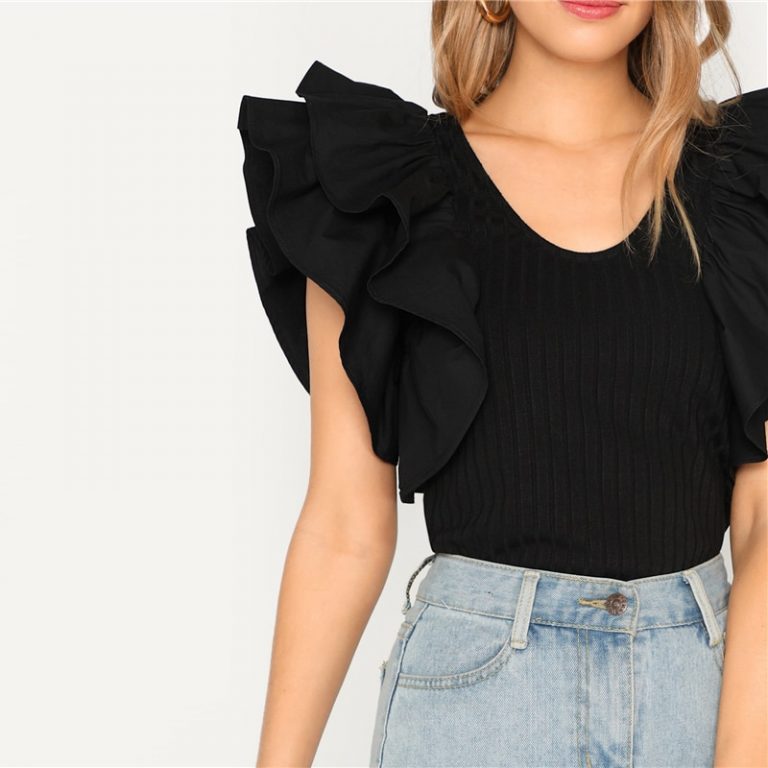 Black Layered Ruffle Sleeve Rib-knit Fitted T-Shirt - Image 5