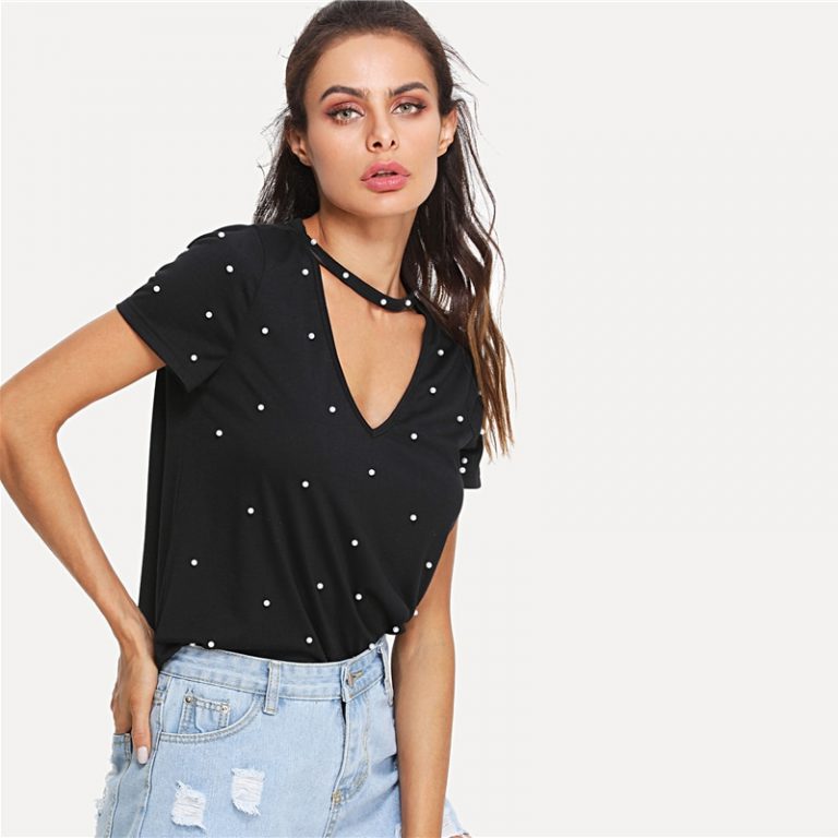 Black Pearl Beading Choker Neck Short Sleeve V Collar T-shirt