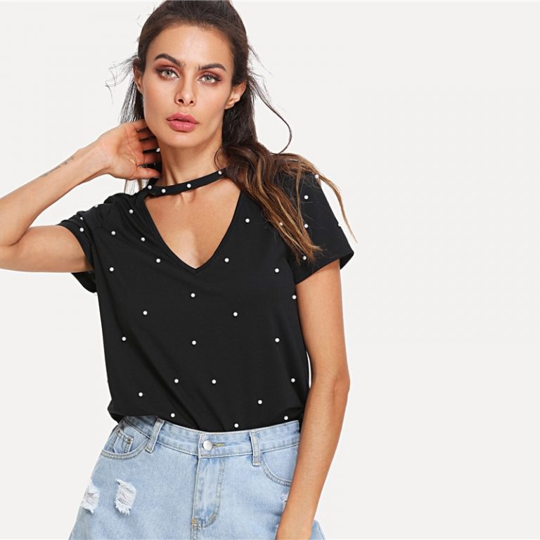 Black Pearl Beading Choker Neck Short Sleeve V Collar T-shirt - Image 2