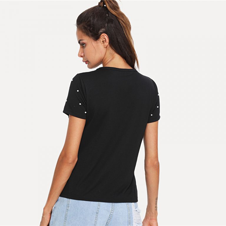 Black Pearl Beading Choker Neck Short Sleeve V Collar T-shirt - Image 3