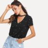 Black Pearl Beading Choker Neck Short Sleeve V Collar T-shirt - Image 4