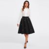 Black Vintage Pearl Embellished Boxed Pleated Circle Knee Length Mid Waist Skirt - Image 5