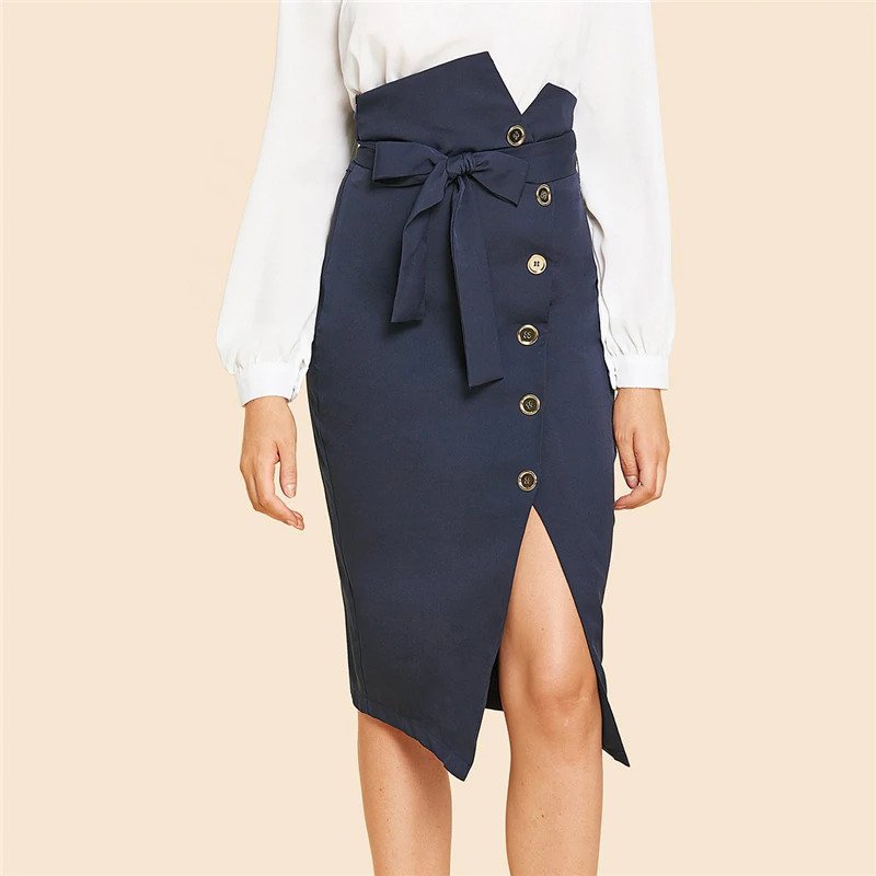 Blue Elegant Slit Hem Mid Waist Belted Solid Sheath Skirt