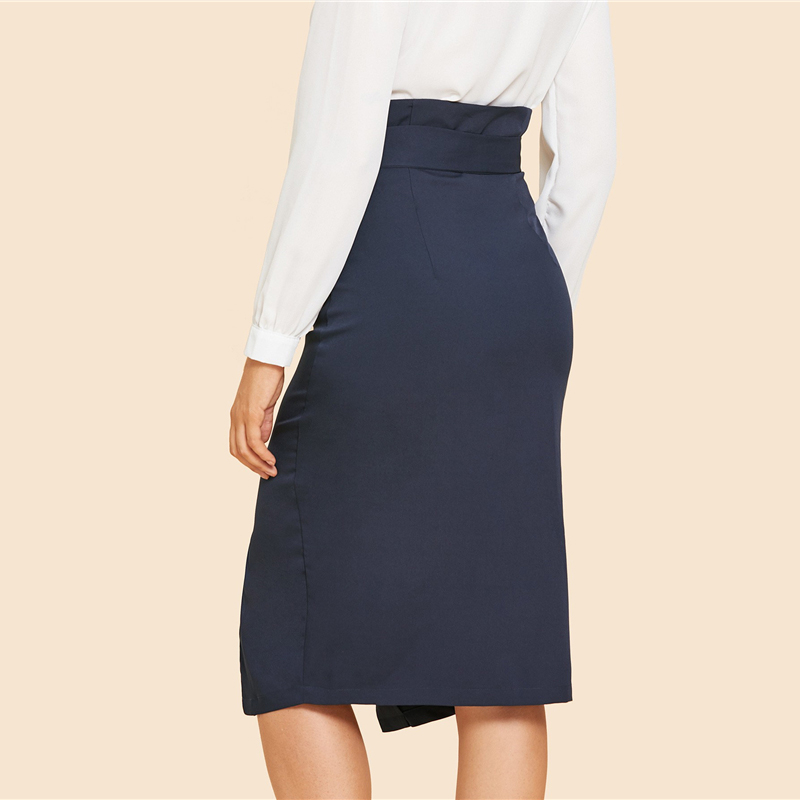 Blue Elegant Slit Hem Mid Waist Belted Solid Sheath Skirt - Image 3