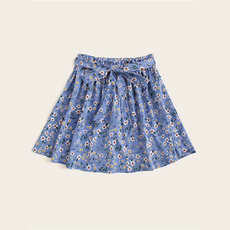 Boho Ditsy Floral Print Paperbag Waist Belted Flared Skirts - Image 11