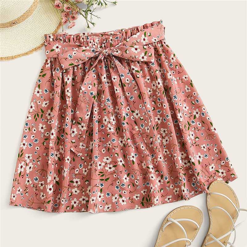 Boho Ditsy Floral Print Paperbag Waist Belted Flared Skirts - Image 5