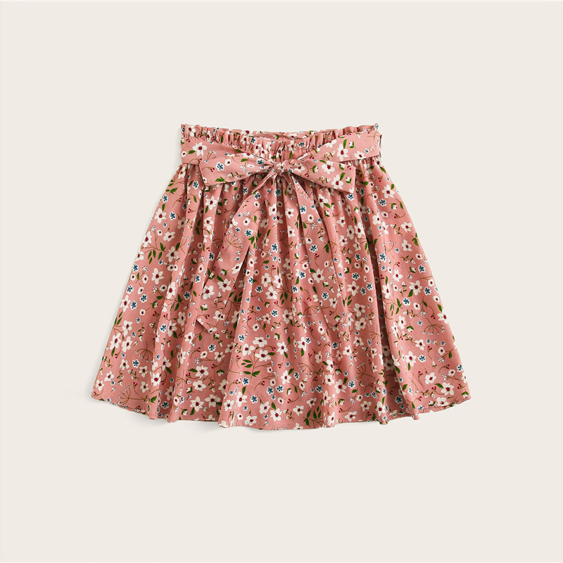 Boho Ditsy Floral Print Paperbag Waist Belted Flared Skirts - Image 6