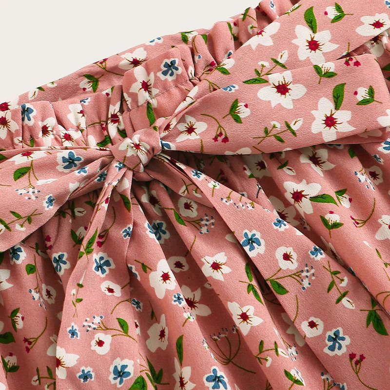 Boho Ditsy Floral Print Paperbag Waist Belted Flared Skirts - Image 8