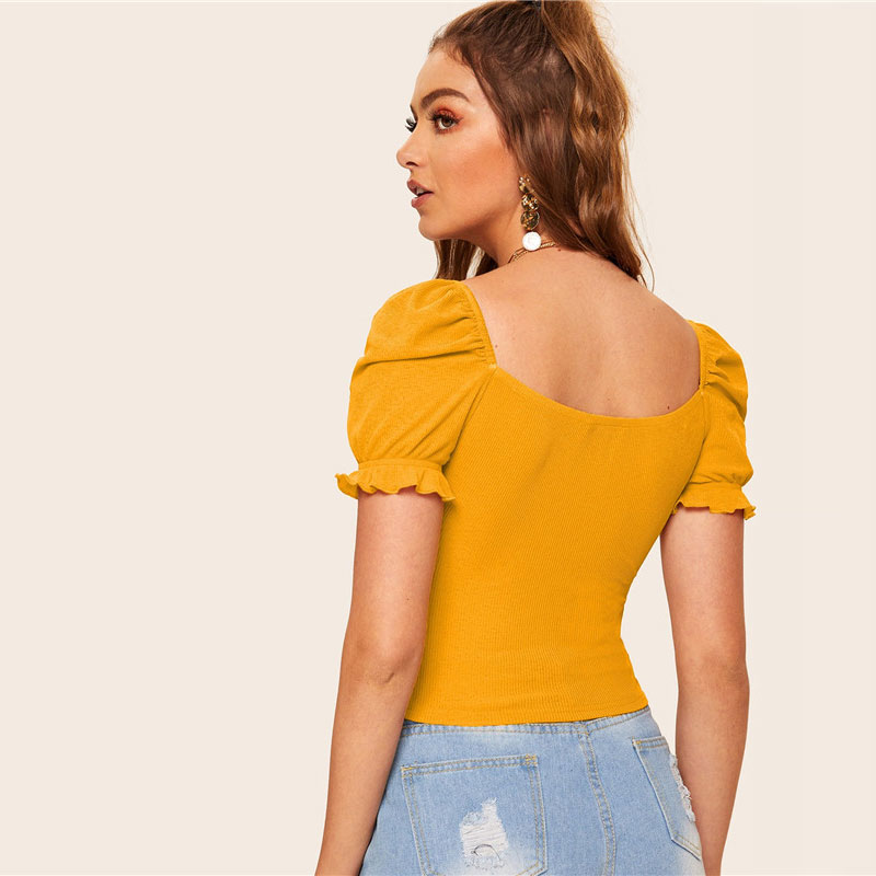 Bright Ginger Boho Sweetheart Neck Knot Front Fitted Crop Top - Image 2