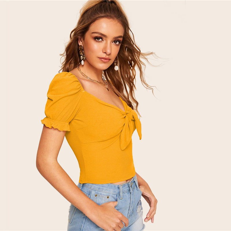 Bright Ginger Boho Sweetheart Neck Knot Front Fitted Crop Top - Image 3