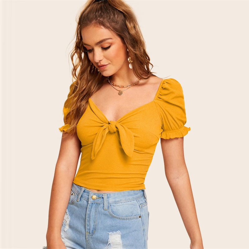 Bright Ginger Boho Sweetheart Neck Knot Front Fitted Crop Top - Image 4