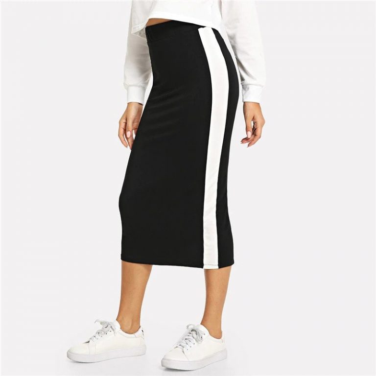 Colorblock Contrast Sideseam Split Back Pencil Elegant Mid Waist Skirt