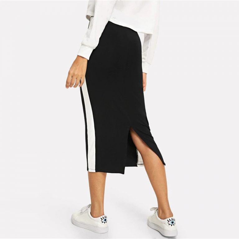 Colorblock Contrast Sideseam Split Back Pencil Elegant Mid Waist Skirt - Image 2
