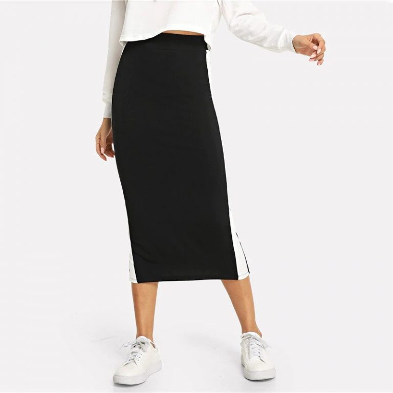 Colorblock Contrast Sideseam Split Back Pencil Elegant Mid Waist Skirt - Image 3