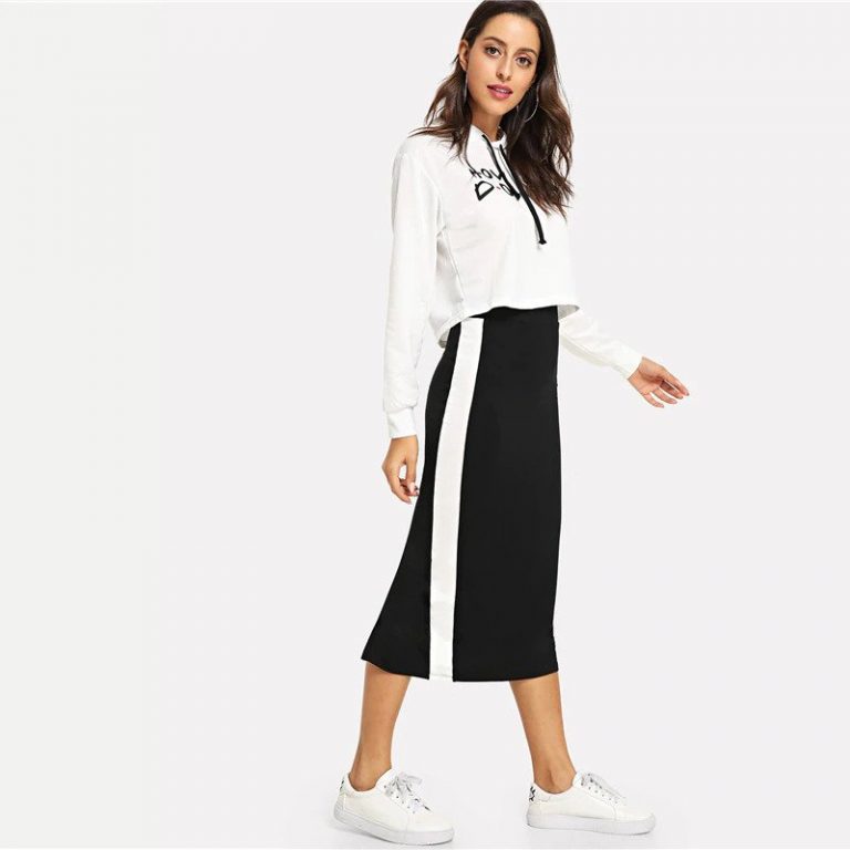 Colorblock Contrast Sideseam Split Back Pencil Elegant Mid Waist Skirt - Image 4