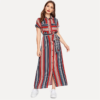Colorful Striped Belted Button Short Sleeve Pocket Shirt Dress