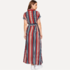 Colorful Striped Belted Button Short Sleeve Pocket Shirt Dress - Image 2