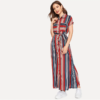 Colorful Striped Belted Button Short Sleeve Pocket Shirt Dress - Image 3