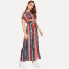 Colorful Striped Belted Button Short Sleeve Pocket Shirt Dress - Image 4